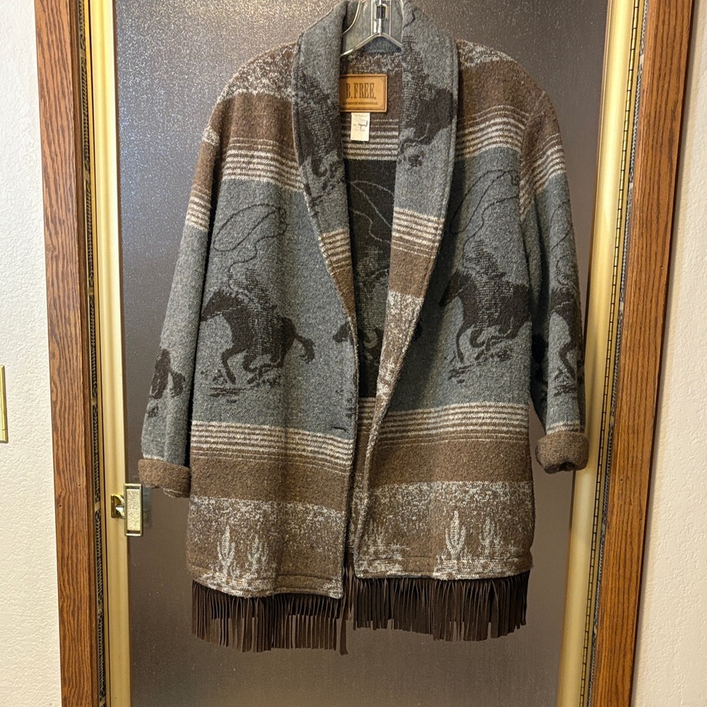 B.Free Authentic Rugged Wear Coat Brown and Gray with Leather Fringe